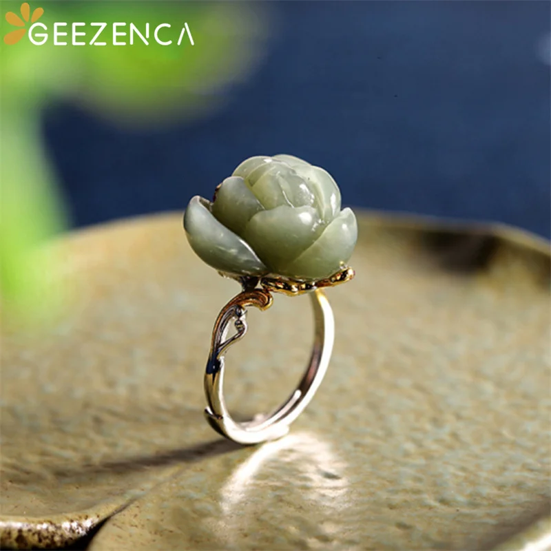 GEEZENCA Natural Jade Jasper Lotus 925 Sterling Silver Women's Ring Luxury Classic Large Gemstone Open Rings Vintage Ethnic Gift