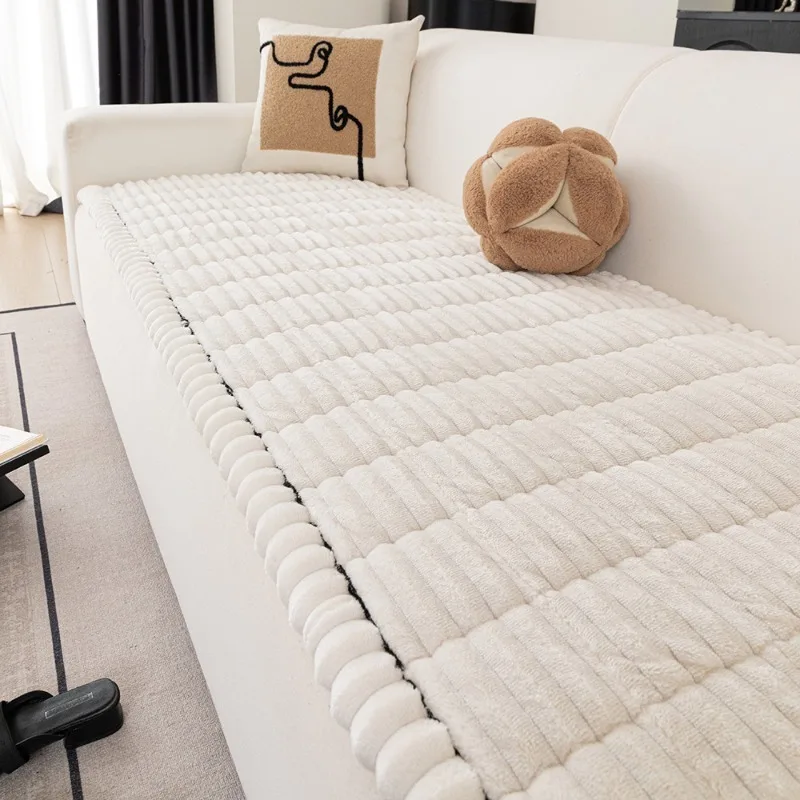 Sofa Cushion Nordic Minimalist Autumn and Winter Plush Sofa Solid Color Stripes Thick Flannel Anti Slip Non Stick