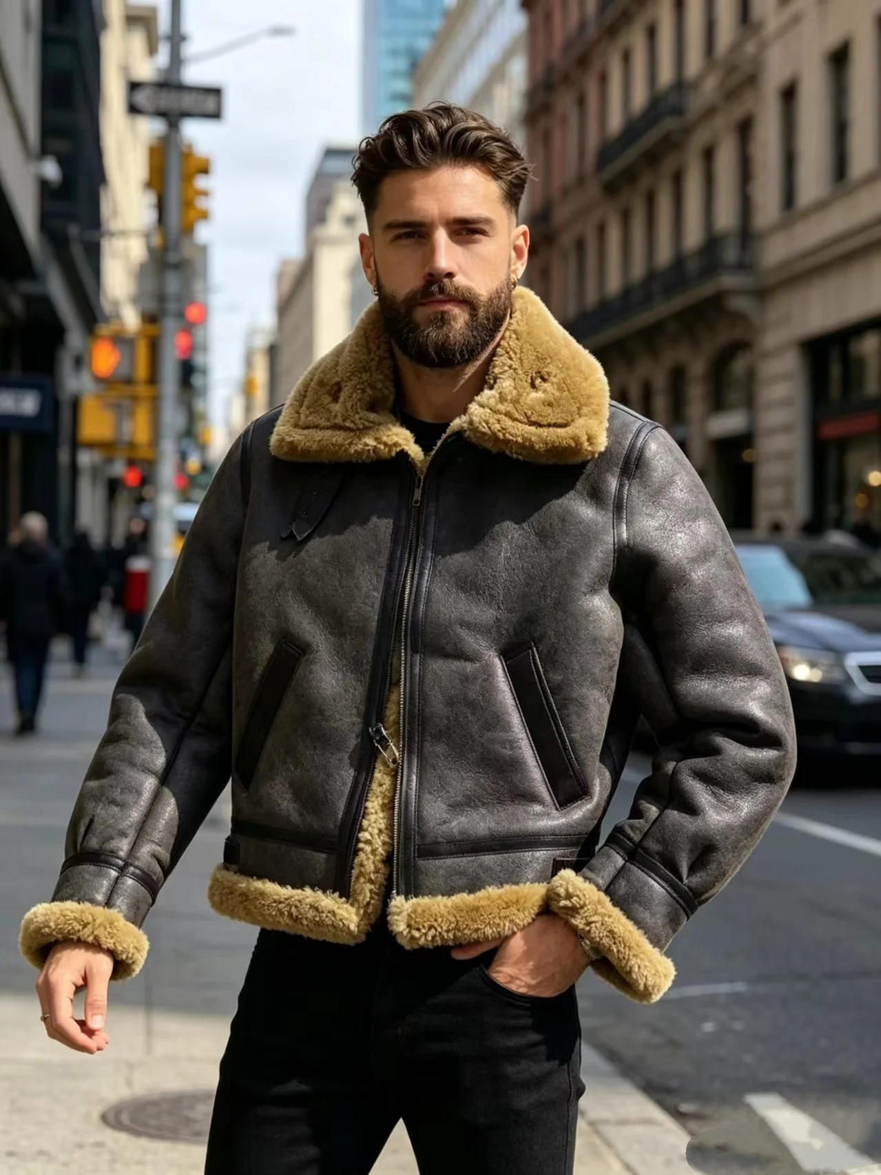 Dark Brown Winter Shearling Jacket Men Retro Style Plus Size 5XL Genuine Natural Thick Sheepskin Military B3 Bomber Flight Coat