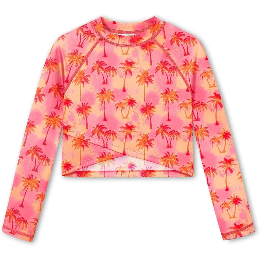 

BerBay Girls UPF 50+ Long Sleeve Mock Neck Crossover Hem Swim Crop Top 412 Years