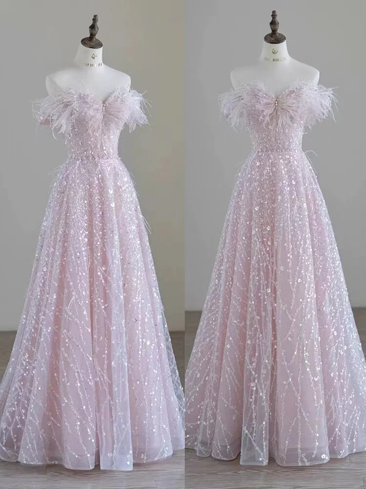 Elegant Pink Sequin Formal Evening Dress Women Luxury Slim Party Dresses Exquisite Prom Gown