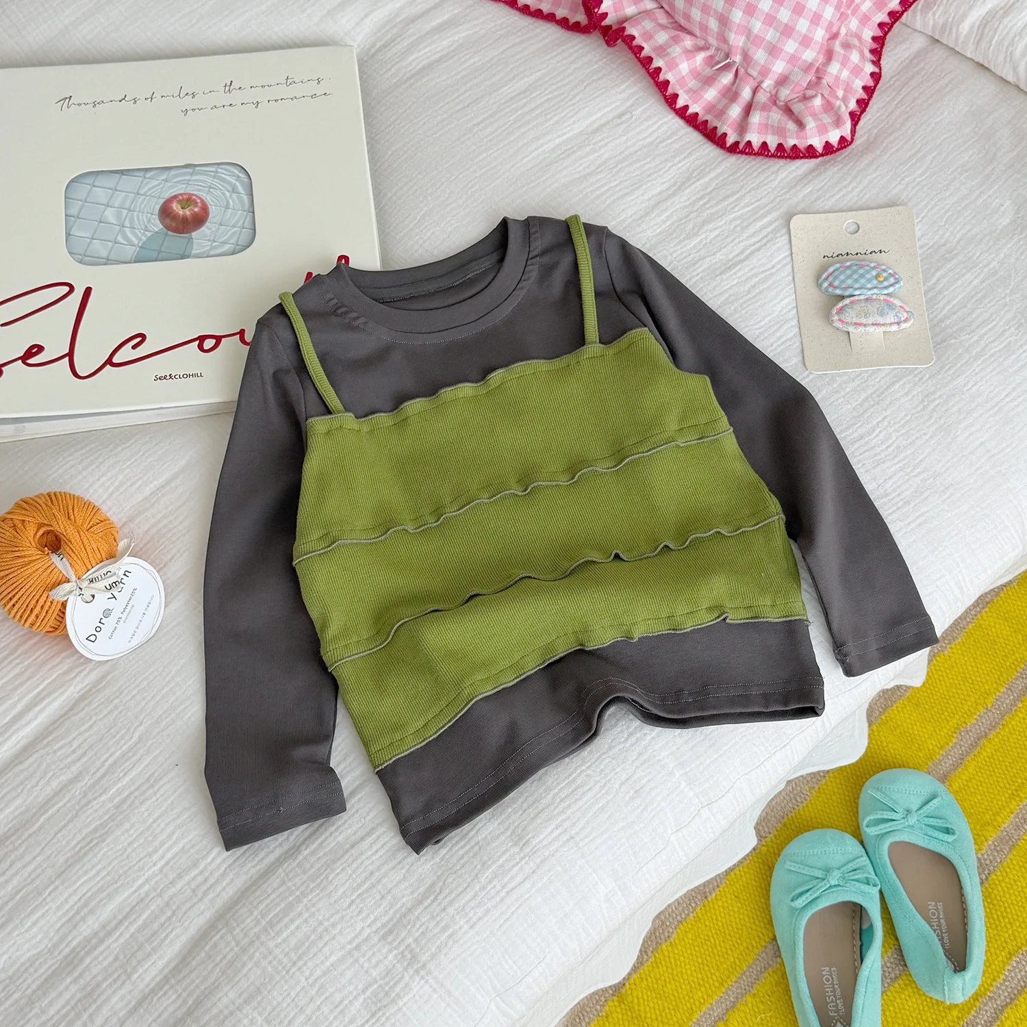 Girls T-shirt 2026 Spring and autumn new childrens clothing Korean girl baby fold wear wooden ear side false two bottom shirt
