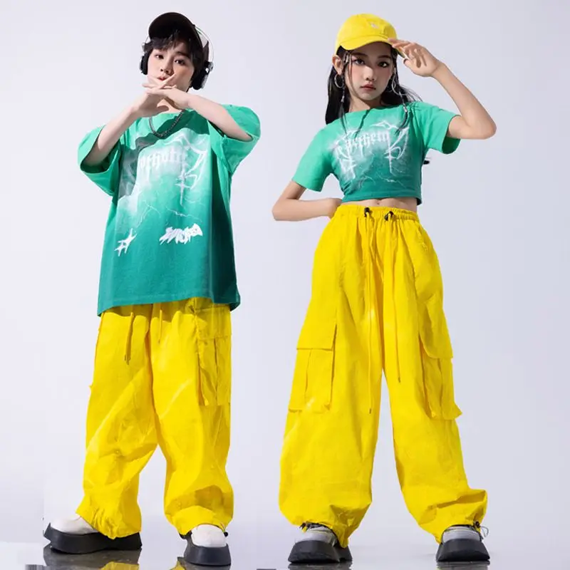 2024 Kids Jazz Dance Clothes Girls Navel Tops Yellow Pants Loose Hip Hop Clothing Loose Street Dance Performance Costume