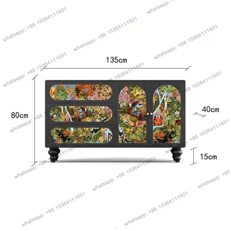 French Retro Style Abstract Solid Wood Chest Cabinet Storage Decorative Cabinet Living Room Sofa Storage Integrated Cabinet