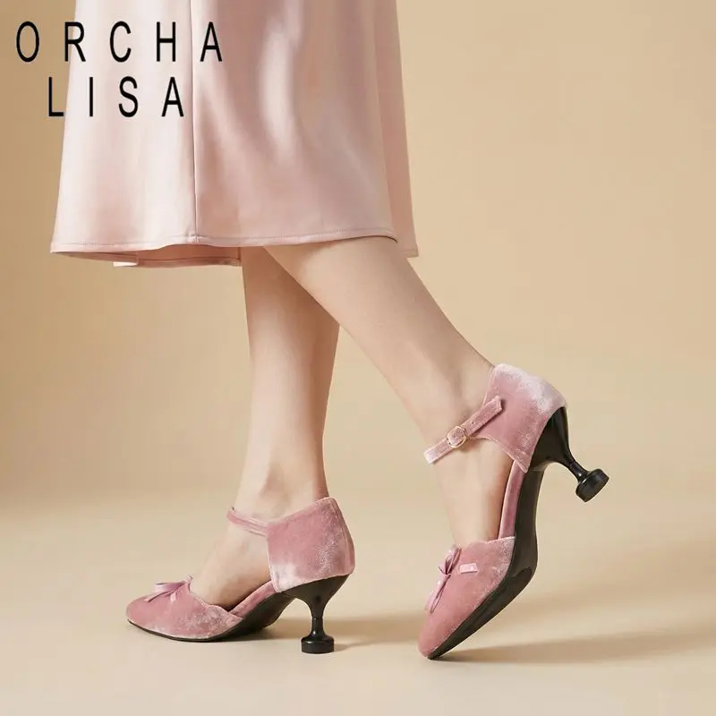 

ORCHA LISA Модные женские замшевые босоножки с круглым носком, каблуком 6,5 см, ремешком с пряжкой и бантом-бабочкой, большие размеры 46, 47, 48, милые