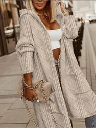 2023 Autumn Winter Women Long Hooded Jacket Fashion Long Sleeve Sweater Cardigan Loose Jacquard Hooded Knited Jacket Casual Coat