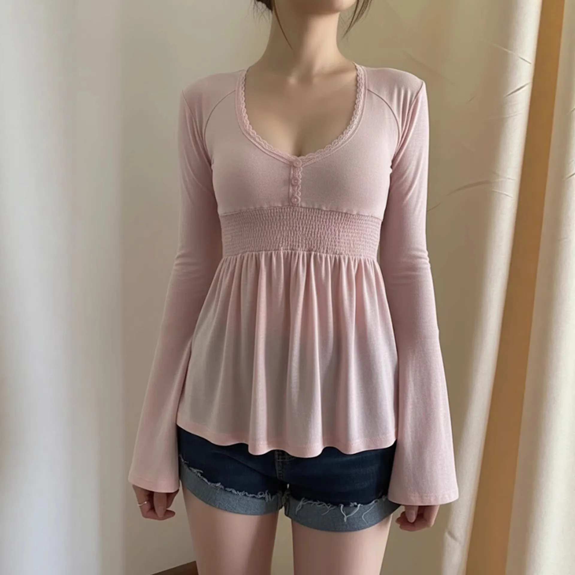 Women's Fairy Y2k T-shirt Comfortable Round Neck Long Sleeve National Fashion Shirt Low Neck Bell Sleeve Waist Strap A-line Top