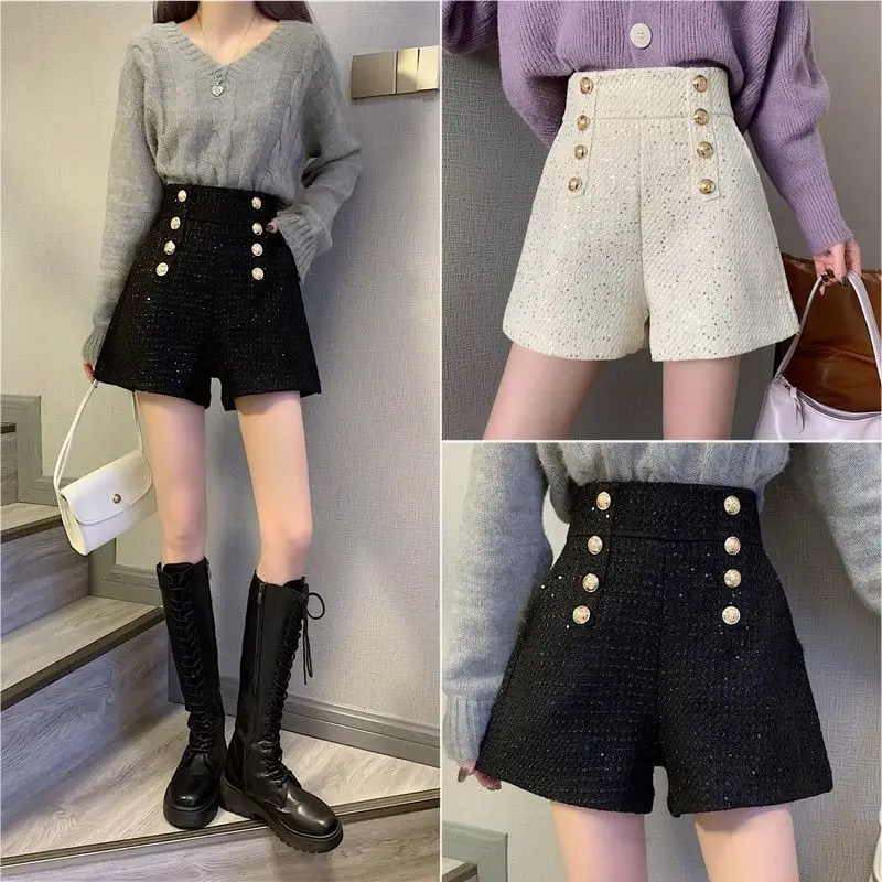 2024 Women Autumn Winter New Fashion High Waist Buttons Shorts Female Loose Wide-leg Pants Ladies Solid Color Casual Shorts M83