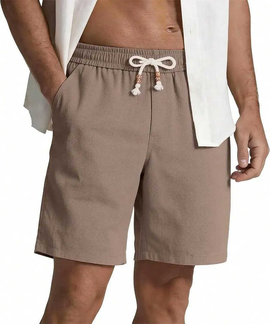 

Mens Cotton Linen Drawstring Elastic Waist Casual Shorts For Summer Beach Vacation