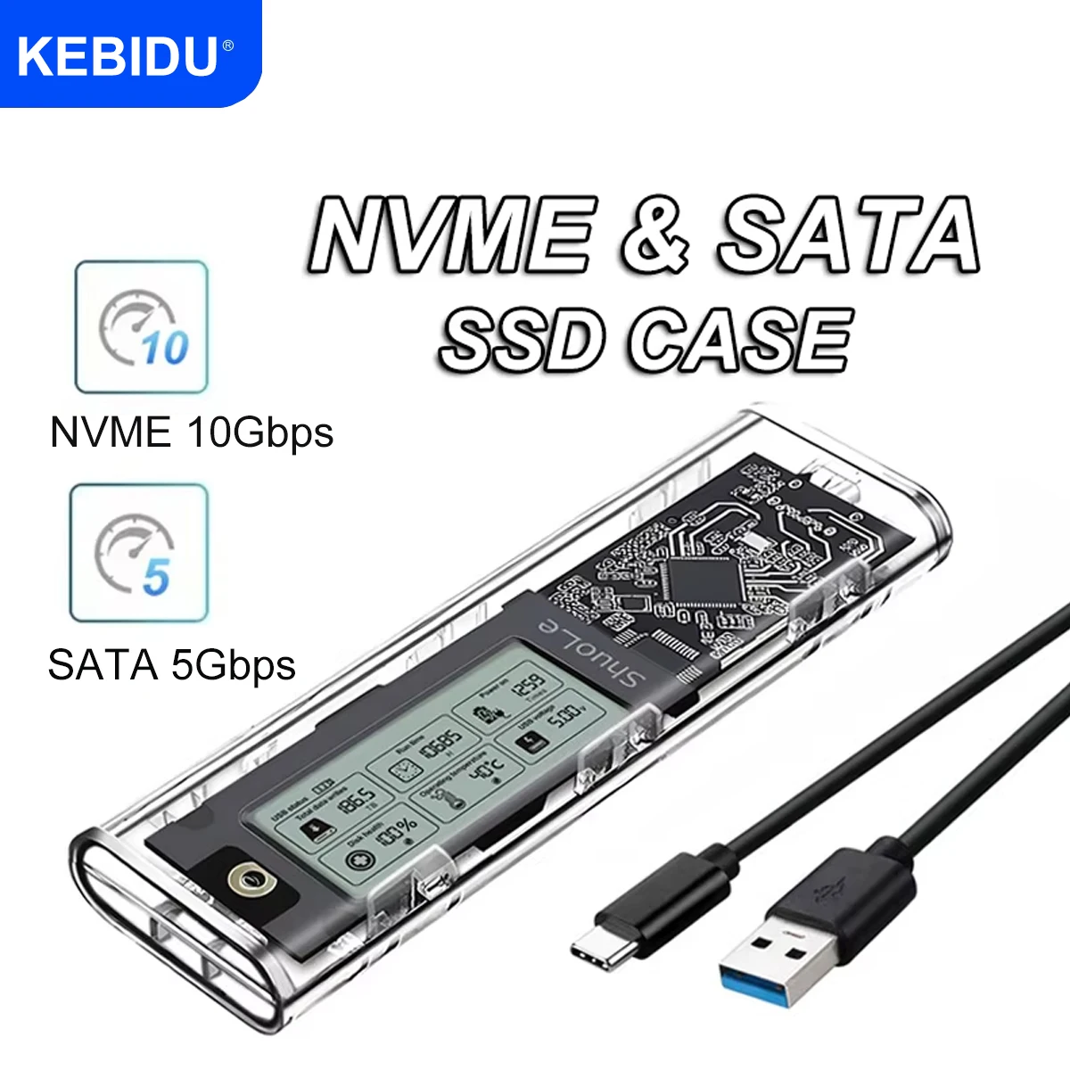 M2 SSD Case NVME SATA SSD Enclosure Tool Free 10Gbps M.2 to USB 3.2 Gen2 Intelligent Digital Display External M.2 SSD Adapter