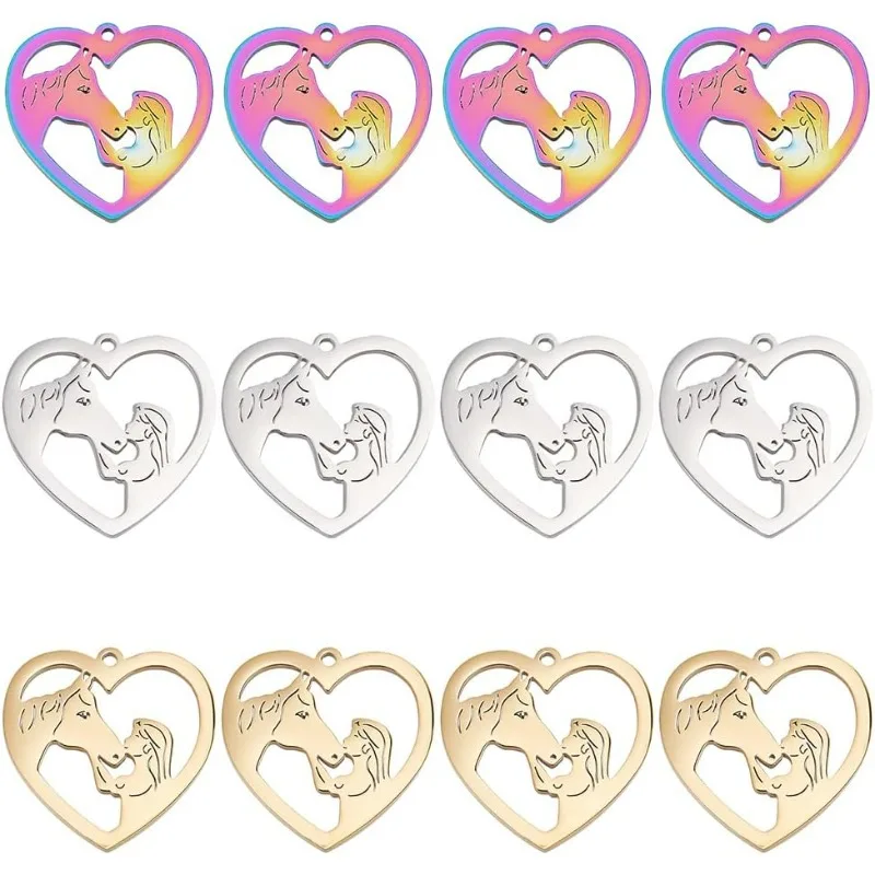 

24Pcs 3 Colors Girl Horse Pendants Hollow Heart Pendants Horsemanship Charms Stainless Steel Dangle Charms Gifts for Teenager