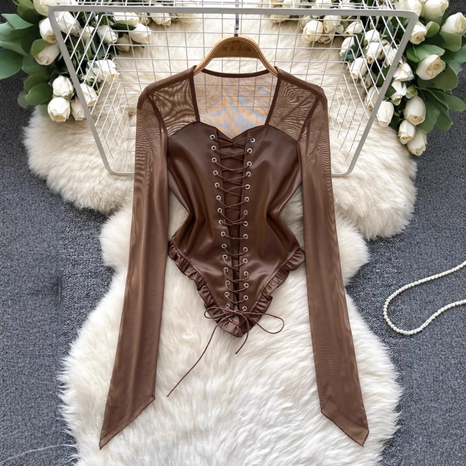 Y2K Gothic Women Corset Bodysuit Mesh Sheer Long Sleeve Flare Cuff Lace Up Front PU Leather Ruffle Hem Slim Fitted Party  Jump