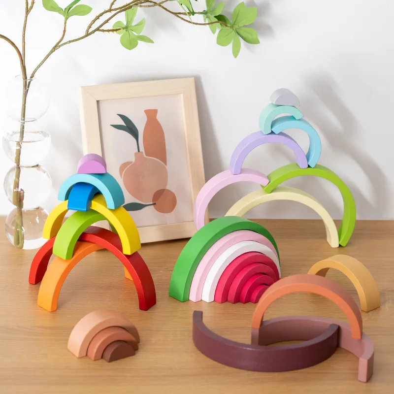 Arch Bridge Rainbow Stacking Building Block Crianças Montessori Jogos Educativos Cor e Forma Cognitive Wooden Toys for Children
