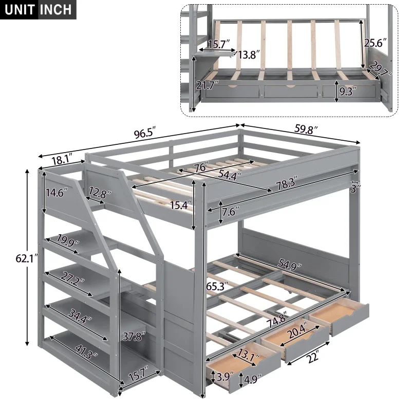 Wood bed Full Size Convertible Bunk Bed with Storage Staircase, Bedside Table, and 3 Drawers, Suitable for Bedrooms, Gray/White