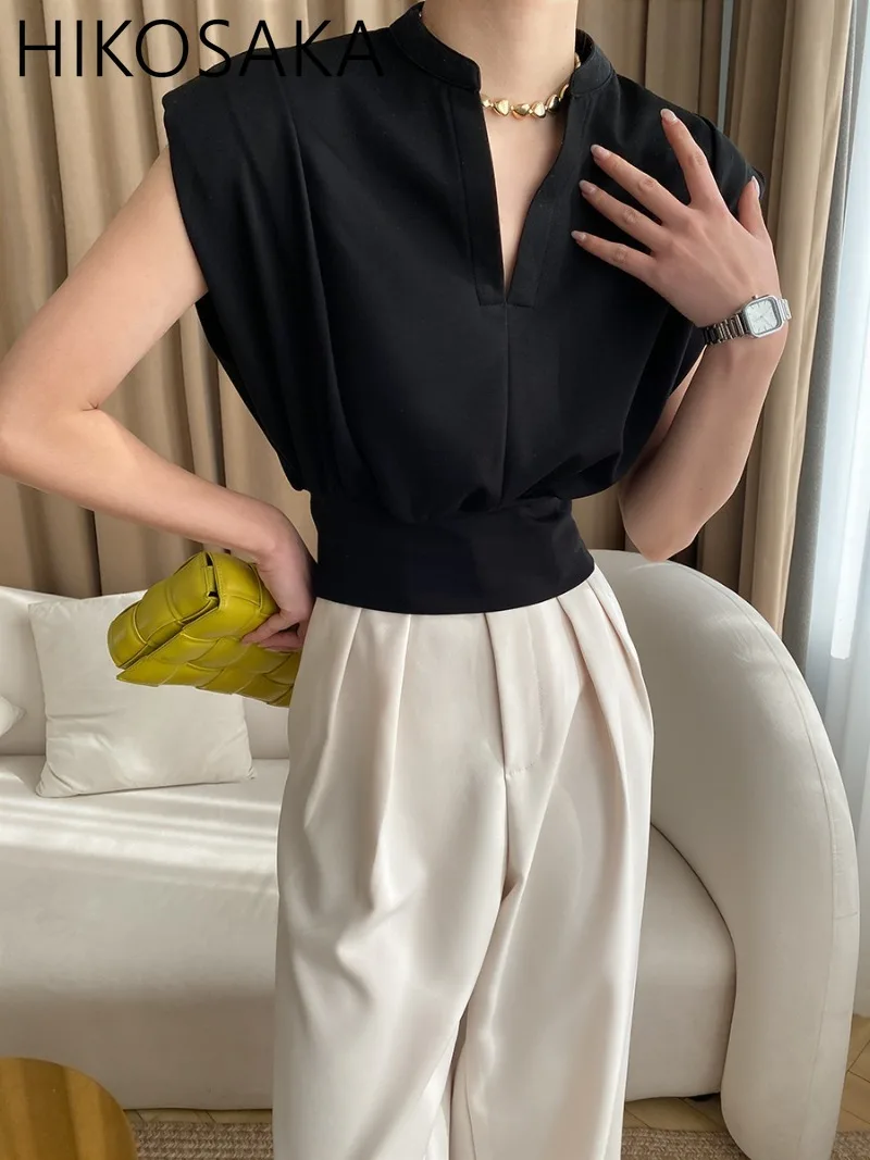 Fashion Free Draping Shoulder Pad Design Top V-neck Sleeveless Slim Waist Loose Tshirt 2024 Spring Summer New Elegant Casual Tee