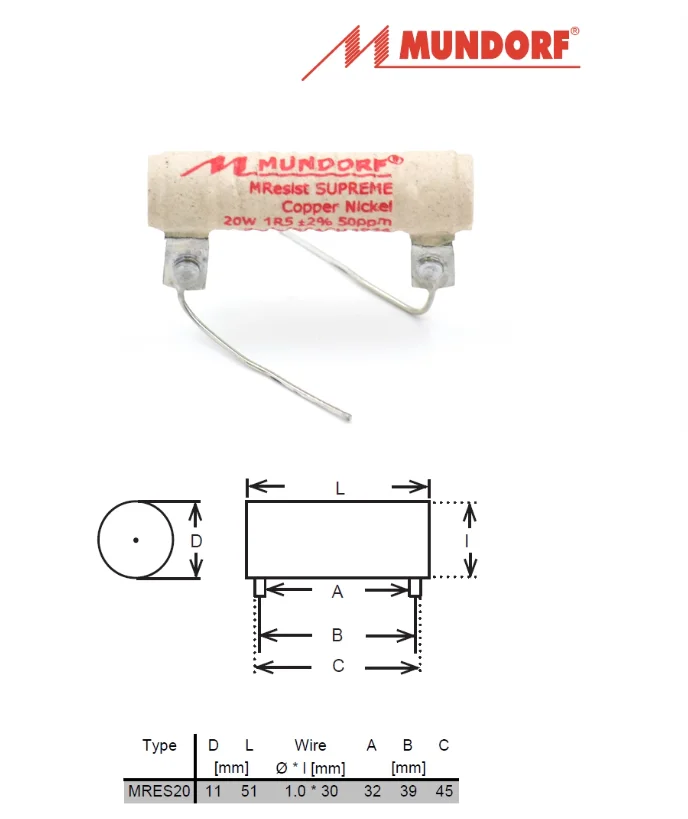 

1pcs original German original MUNDORF Mcap high-fidelity resistance SUPREME 20W series 11X51MM divider resistance free shipping