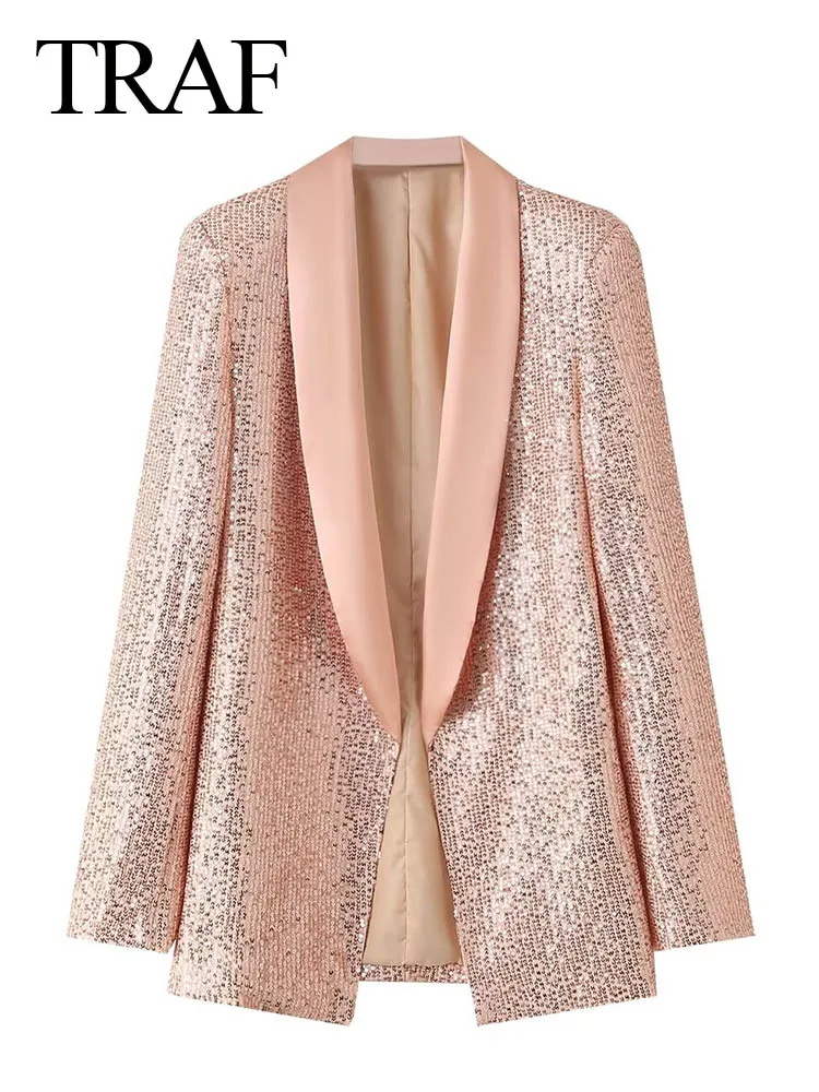 TRAF 2024 Women\'s Fashion Sequined Blazer Coat Loose Long Sleeve Single Buttons Solid Color Pockets Female Casual Elegant Coats