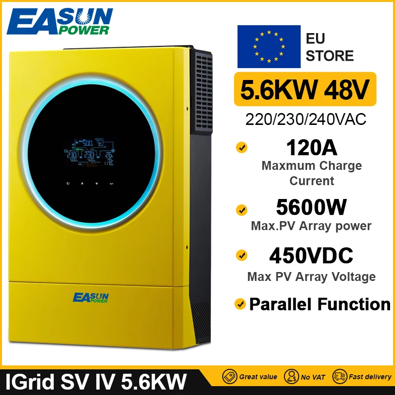 Easun Power Hybride Zonne-Energie Omvormer 5.6kw 230vac Mppt 120a Zonne-Oplader Pv Ingang 6000W 450vdc Led Ring Verlichting Touchable Knop