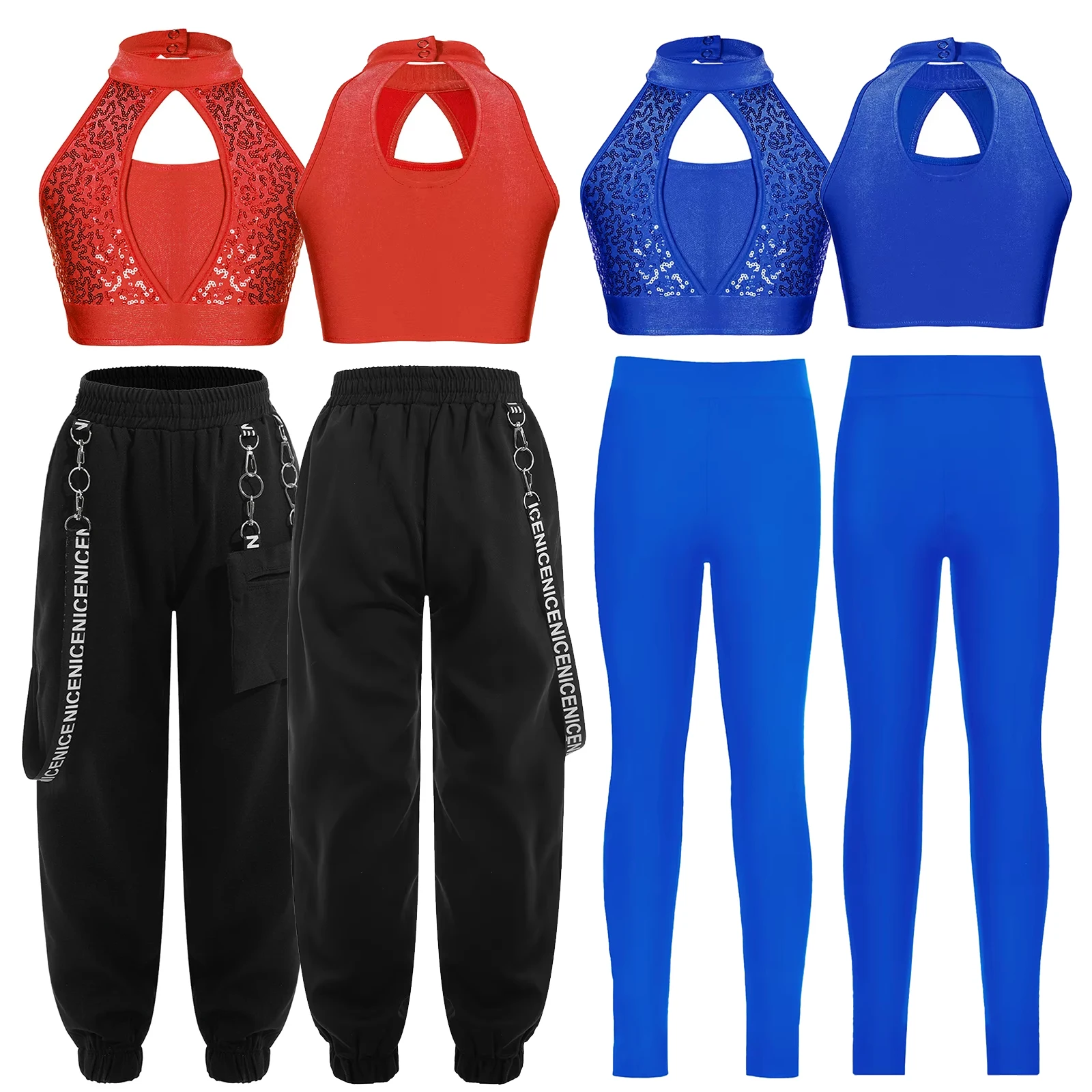 

Kids Girls Two-Piece Hip-Hop Dance Outfits Sequin Sleeveless Crop Top with Cargo Pants DancewearSet for Jazz Modern Performance