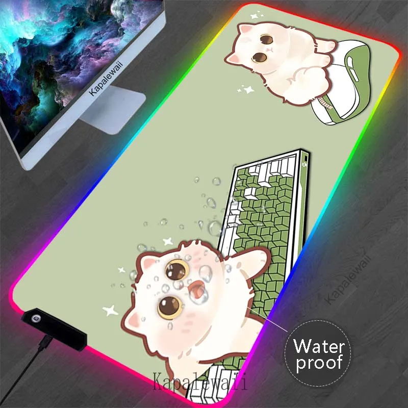 

LED Backlight Cat Large Mouse Pad RGB Gamer Mousepad Locking Edge Mouse Mat Rubber Waterproof Table Pads Keyboard Mats 900x300mm