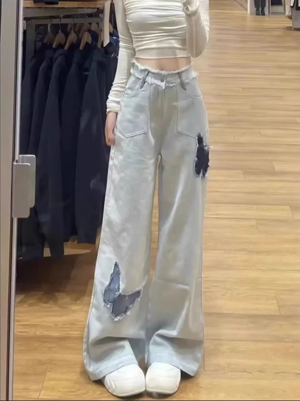 

Trend Korean Popular Jeans Y2K High Street Bow Patch Butterfly Loose Jeans Women's High-Waisted Skinny Wide Leg Denim Pants