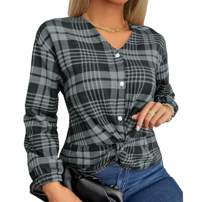 Five-color Classic Plaid Shirts Latest Spring Summer European American Office Blouses V-neck Long Sleeves Women's Cardigan Tops