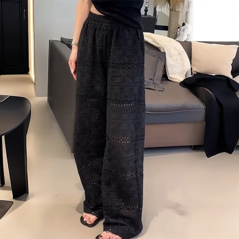 Womens Croche Elastic High Waist Wide Leg Pants Vintage Bloomers Summer Hollow Out Knit Flower Lace Bohemian Beach Long Trousers