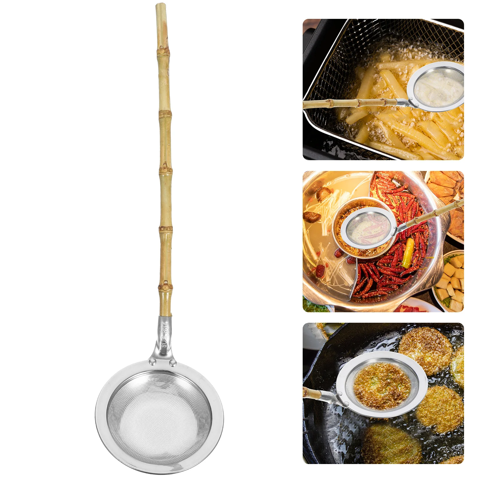 

1pc Bamboo Handle Fine Mesh Colander Spoon Stainless Steel Skimmer Ladle For Frying Pasta Vegetables Cooking Strainer Kitchen