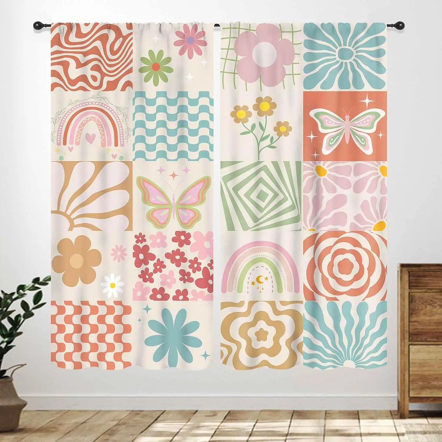 Boho Patchwork Daisy Butterfly Rainbow Wave Blackout Rod Pocket Curtain Pastel Floral Sweet Decor Girls Homestay Bedroom Rest