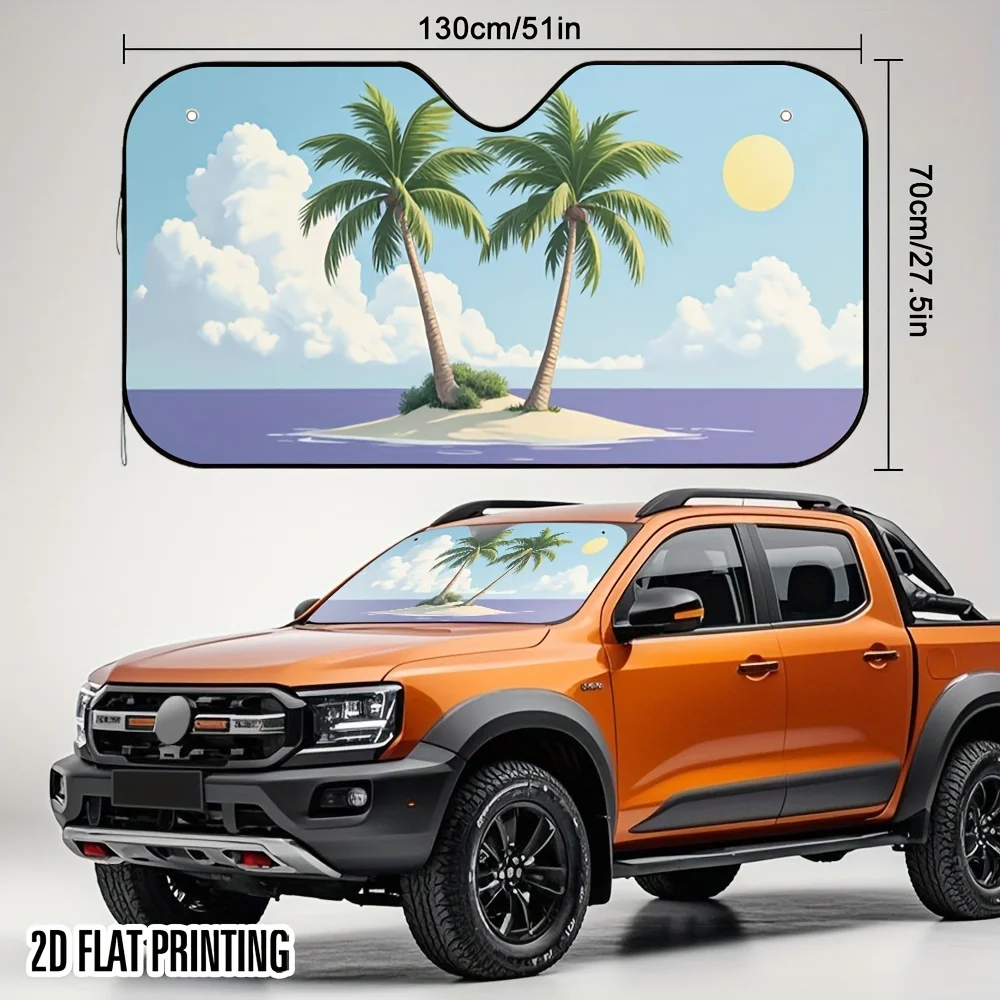 1pc 2D Flat Palm Beach Painting Design Car Sunshade – Foldable & Stylish, Keeps Your Vehicle Cool, Perfect For SUVs, Sedans, Van