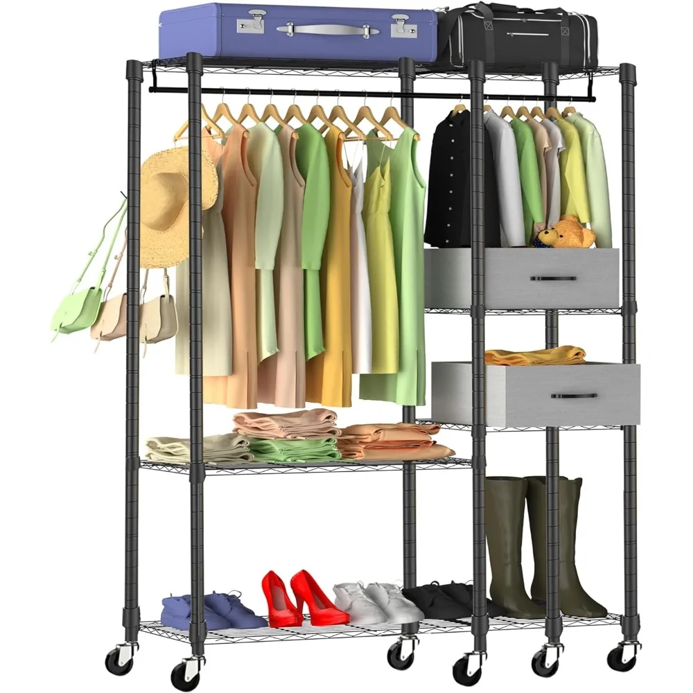 Rak Pakaian Tugas Berat dengan Rak, Rak Pakaian dengan Laci, Rak Pakaian dengan Roda, Rak Penyimpanan Pakaian Portabel