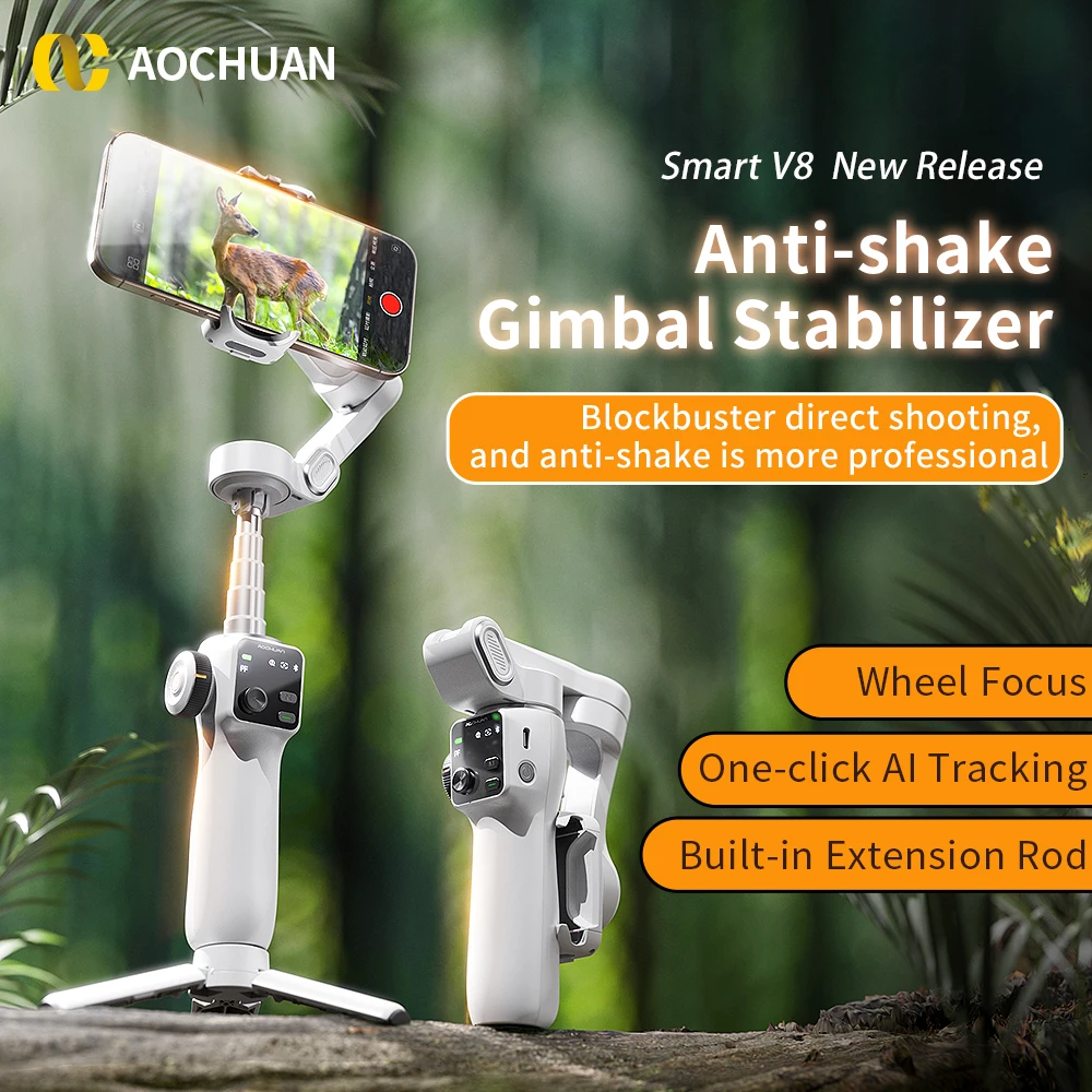 AOCHUAN Smart V8 3-Axis Handheld Gimbal Phone Stabilizer with Extension Rod Tripod Face Tracking for iPhone Android Tiktok Vlog