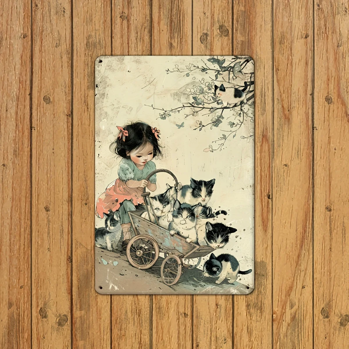 2D Flat, Girl and Cat Vintage Metal Tin Sign, Indoor Outdoor Decorative Hanging Tin Painting, Wall Room Residential Bedroom Rest