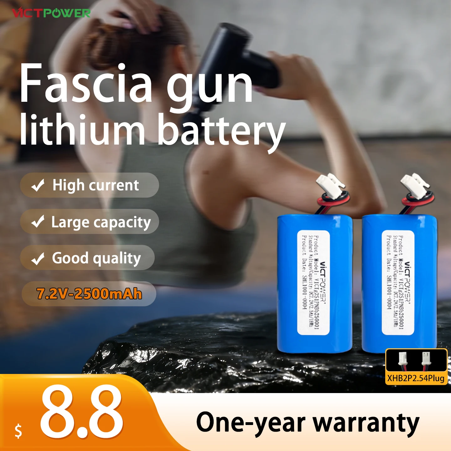 VICTPOWER 7.2V 7.4V Massage Gun Battery 2000mAh 3500mAh Rechargeable Lithium Battery Pack for Percussive Massager Gun Cordless