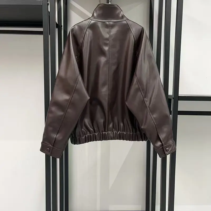 Women's Stand-Up Collar Zipper Eco-Friendly Leather Jacket, Casual Loose-Fit Outerwear, High-Quality Biker Jacket, 2026, New y2k