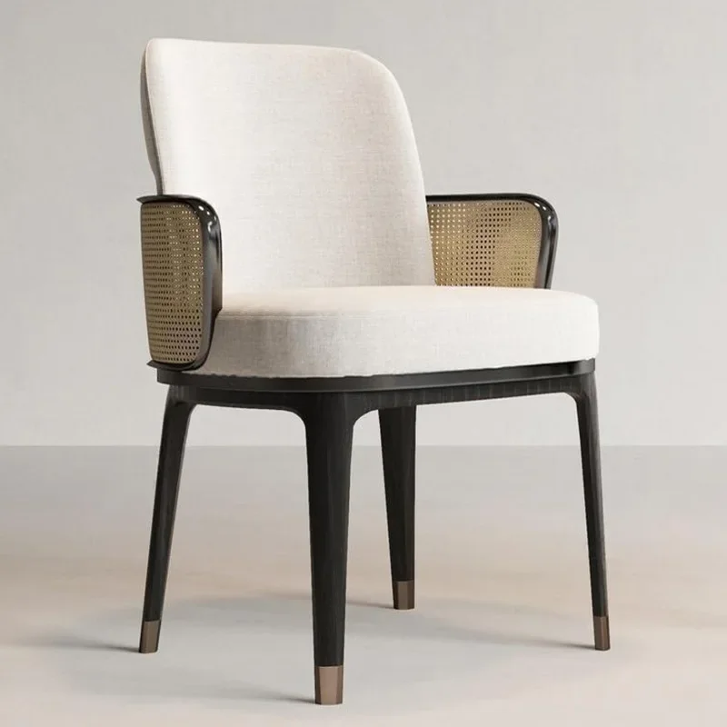 #Nordic Rattan Dining Chair – Modern Minimalist Cream-Coloured Solid Wood Upholstered Armchair for Hotel, Lounge and Meeting Use