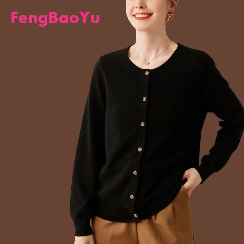 

Fengbaoyu Autumn Winter Ladies 100% Cashmere Sweater Knitted Wool Cardigan in the Old Man Solid Color Outside to Wear the Top