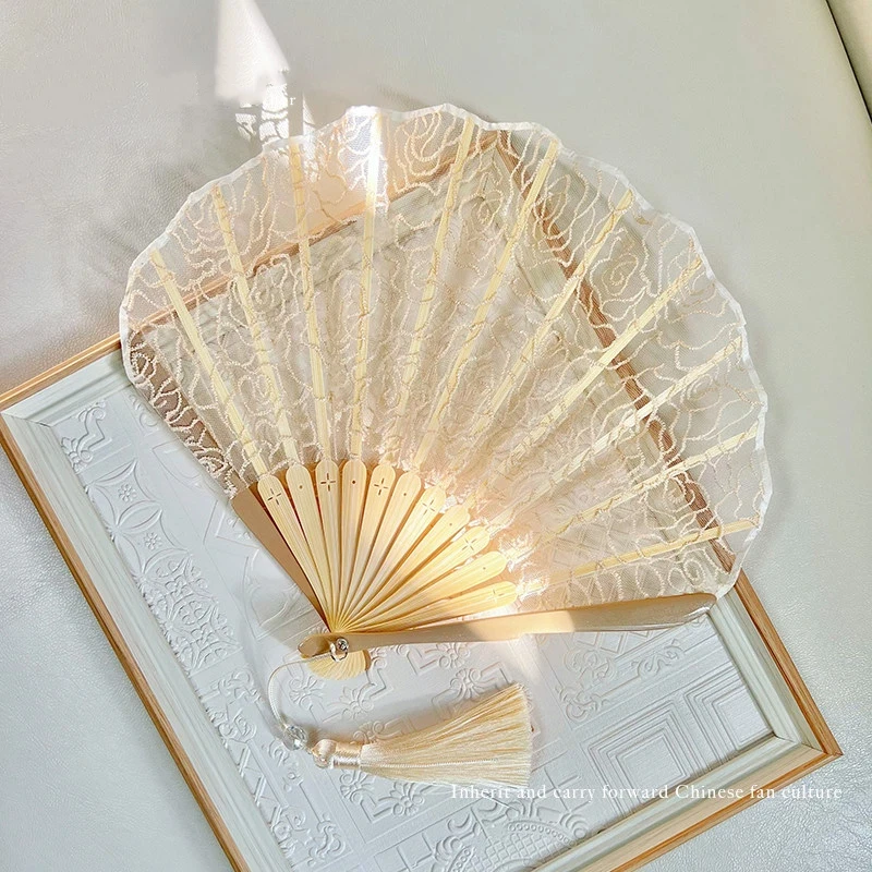 Champagne Lace Embroidery Small Folding Fan Rose Pattern for Women Hanfu Cheongsam Wedding Banquet Summer Cooling Daily Gift