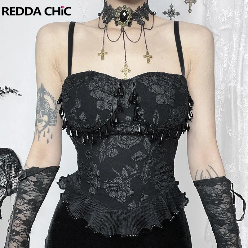

REDDACHiC жаккардовый корсет с черной розой, топ с подвесками, расшитый бисером, на тонких бретельках, эластичная спинка, с оборками, камзол, готическая женская одежда