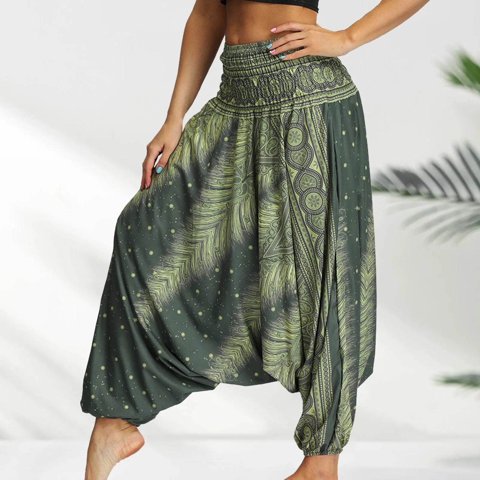 2024 Summer New Women\'S Bohemian Yoga Pants Hippy Harem Smocked Waist Trousers Flowy Loose Beach Pants Women Rayon Pantalones