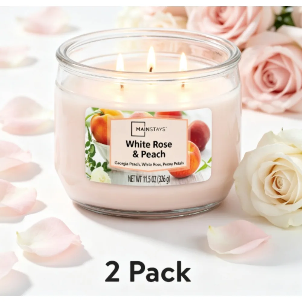 (2-pack) Mainstays White Rose and Peach Triple-Wick Candle, 11.5 oz