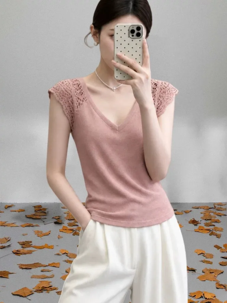 Pink V-Neck Splice Knitted Cover Sleeve T-Shirt Women Summer Thin Large Size Waist-Cinching Short Ice Silk Breathable Top