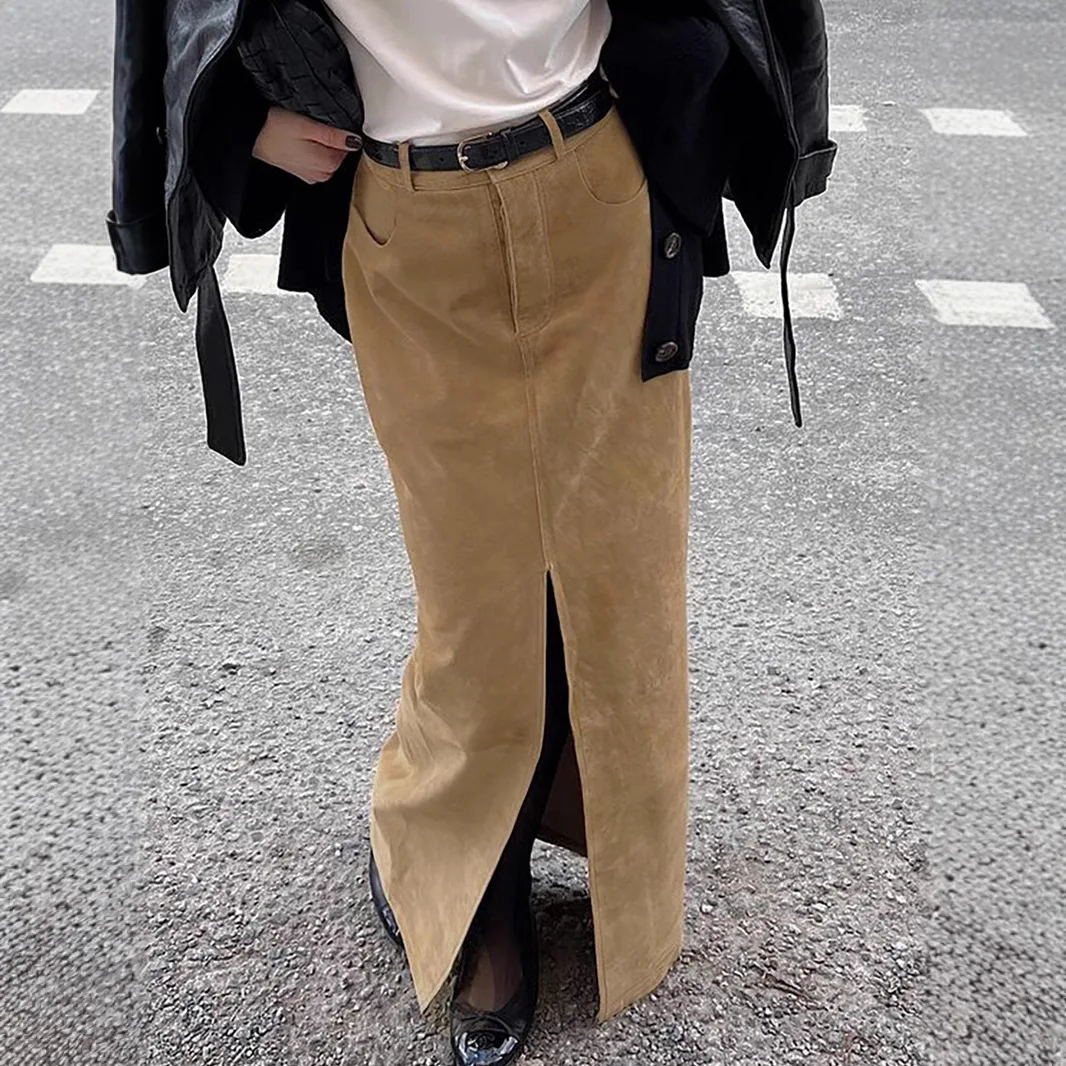 Vintage Kunstwildleder-Rock für Damen, Hochgeschnittener Maxirock, Herbst/Winter 2026, Eleganter Einfarbiger Rock mit Taschen und Frontschlitz, Gerader Langer Rock