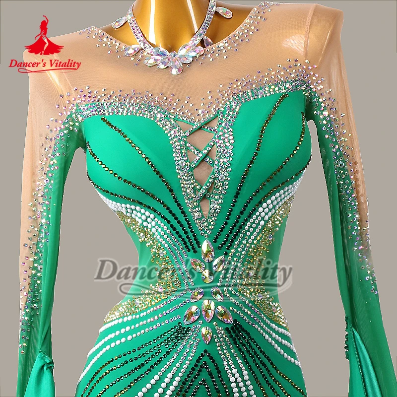 V 자형 백 그린 볼룸 AB 스톤 긴 소매 넥리스가있는 빅 스윙 드레스 성인 왈츠 퀵 스텝 옷 맞춤 크기