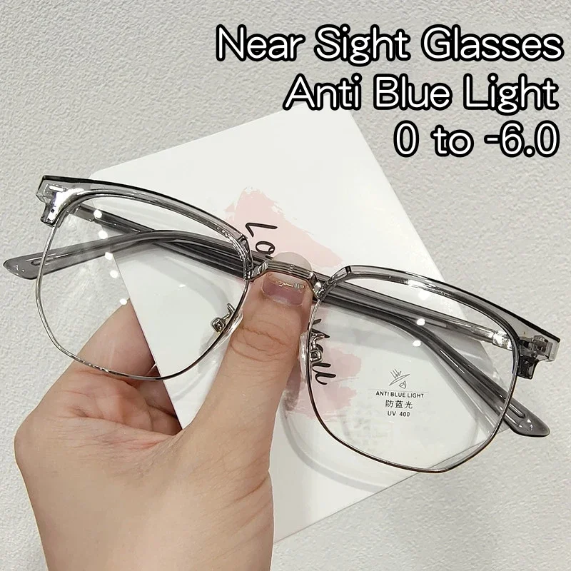 Metal Round Face Near Sight Glasses Male Anti-blue Light Myopia Eyeglasses Half Frame Optical Business Short Sight Eyewear