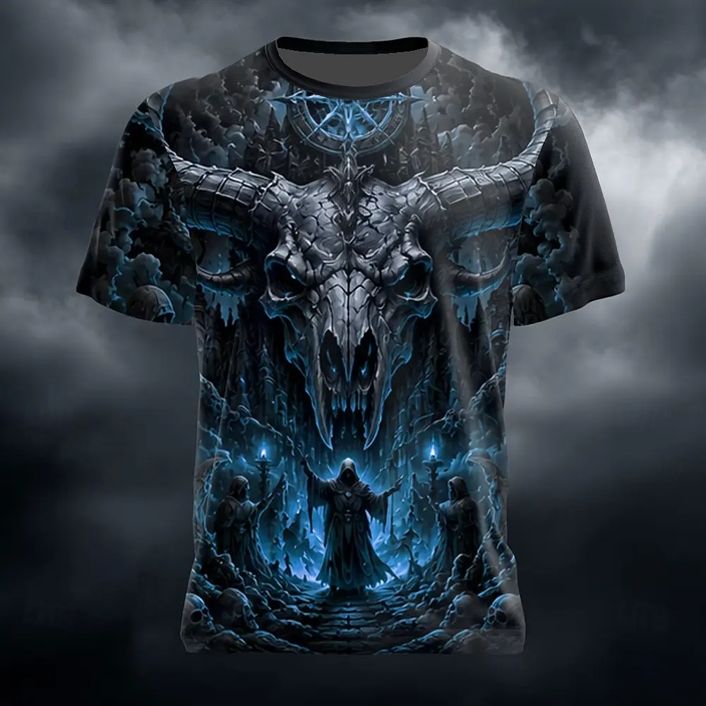 Men's Spring Summer 3D Printed Crew Neck T Shirt, Giant Ram Skull Castle Wizard Dark Magic Hell Style Graphic Top