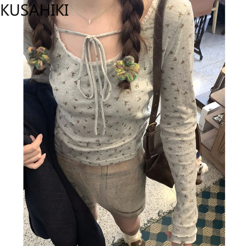 KUSAHIKI Korean Style Long Sleeved Spicy Girl Bm Style Floral T-shirt Base Shirts for Spring Autumn 2024 New Y2k Top Aesthetic