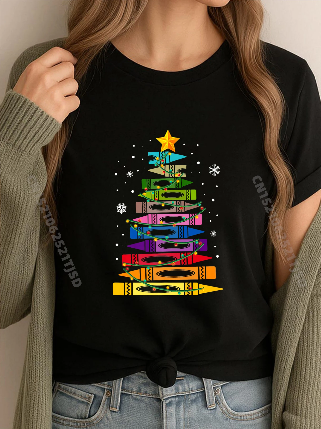 

Teacher Christmas Crayon Tree Light Student Pajama Matching Mens Designer Clothes New Shirts And T-Shirts New Years Eve