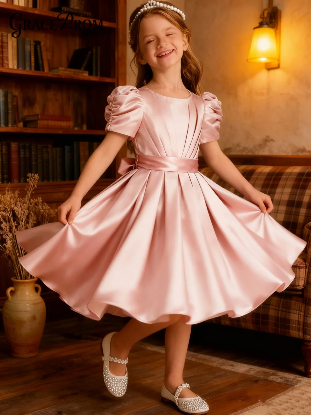 

Classic Satin Ring Girl Dress Girl Stage Show Dress Girl Princess Dress Classic Short-Sleeved Floor-Length Party Gown