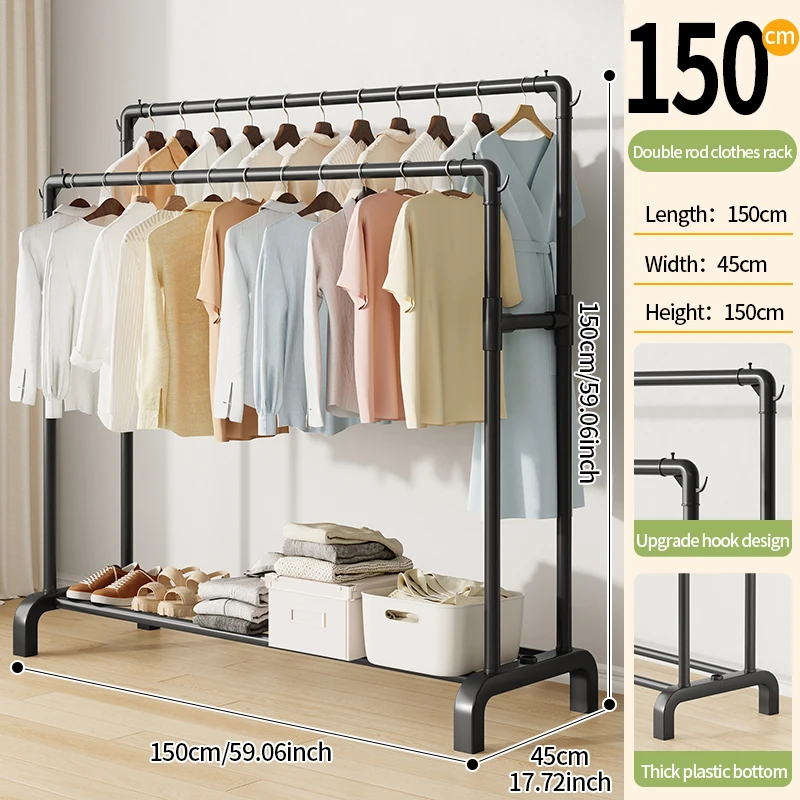 New Design Floor-Standing Metal Cloth Rack with PP Bottom Indoor/Outdoor Rust-proof Double Rod Coat Stand Clothes Drying Rackpro
